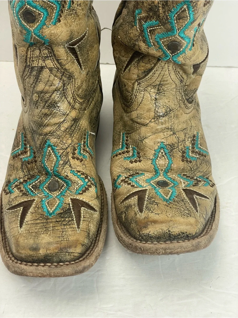 Corral Teens Cowboy Boots Girls Size 3 Tan Turquoise Embroidered Western